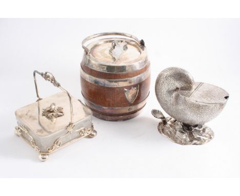 PLATED WARE: A mounted oak biscuit barrel & cover, a mounted glass dish & cover with swing handle & flower finial, and a naut