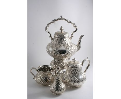 A VICTORIAN ELECTROPLATED FOUR-PIECE TEA SET including kettle on stand (no burner), tea pot, sugar bowl & milk jug, embossed 