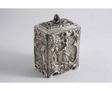 A VICTORIAN CHINOISSERIE TEA CADDY oblong with incurved corners &amp; a hinged cover with a flower finial, the sides decorate