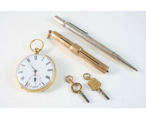 AN 18CT. GOLD OPEN FACED POCKET WATCH the white enamel dial with Roman numerals and subsidiary seconds dial, the three quarte