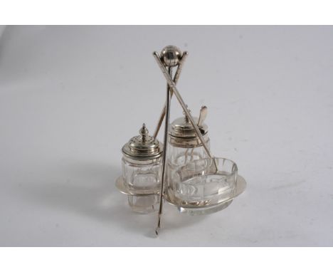 A PLATED CONDIMENT SET on golf club supports with a golf ball finial;  5.6"  (14 cms) high
