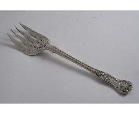 A VICTORIAN KING'S PATTERN FISH SERVING FORK with engraved tines, crested*, by G.R. Elkington, London 1866;  10.3"  (26.1 cms