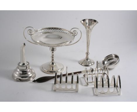 A MIXED LOT: A George III punch ladle, a George III wine funnel bowl with a later plated spout, a pedestal dish, three small 