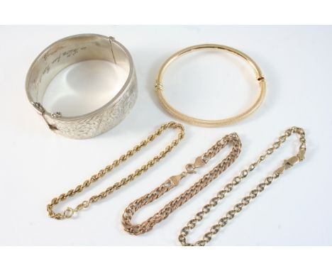 A 14CT. GOLD HALF HINGED BANGLE 7.3 grams, together with three 9ct. gold link bracelets, 10 grams in total, and a silver half