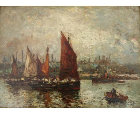 •BERNARD FINNEGAN GRIBBLE (1873-1962) BOATS IN HARBOUR ON A GREY DAY Signed, oil on board 28.5 x 39cm, ++ Some craquelure; ne