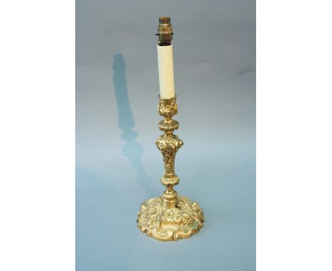 A PAIR OF ORMOLU NEO ROCOCO TABLE CANDLESTICKS adapted for electricity, stick 13 3/4ins. (34.5cms.) high