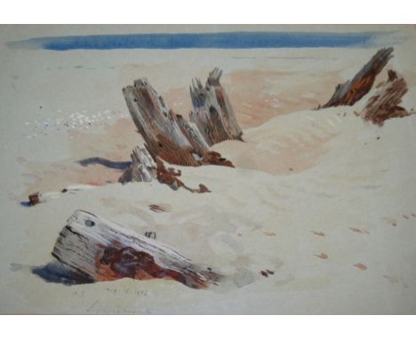 ARCHIBALD THORBURN (1860-1935) DRIFTWOOD, LOSSIEMOUTH Signed with initials, inscribed Lossiemouth and dated Aug.15.1913, wate