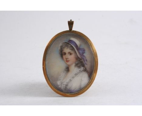ENGLISH SCHOOL C.1800 A miniature portrait of a lady wearing a bonnet with purple ribbon, half length on ivory;  6.75 x 5.5 c