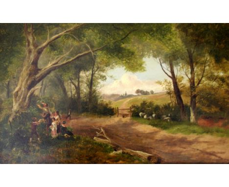 ENGLISH SCHOOL, 19th CENTURY CHILDREN BLACKBERRYING IN A WOOD Oil on canvas 40 x 65cm. ++ Lined; some retouching; needs a lig