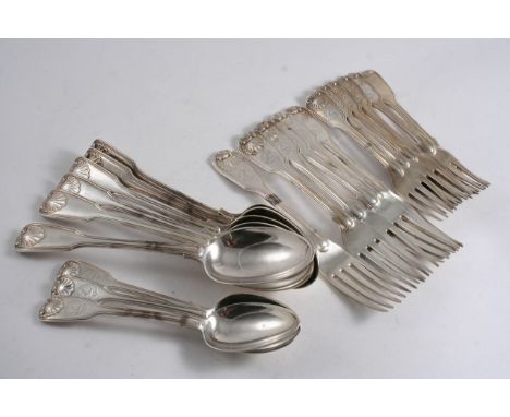 A SET OF SIX GEORGE IV FIDDLE, THREAD & SHELL PATTERN (SINGLE STRUCK) TABLE FORKS, two table spoons and three dessert spoons,