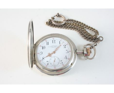 A GERMAN SILVER FULL HUNTING CASED POCKET WATCH the white enamel dial with Arabic numerals and subsidiary dial, the dial and 