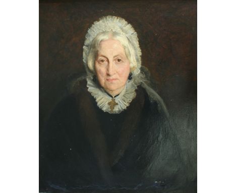 BLANCHE JENKINS (Fl.1872-1915) PORTRAIT OF THE HON. MRS. HENRY HOWARD Quarter length, seated, wearing a dark shawl with a fur