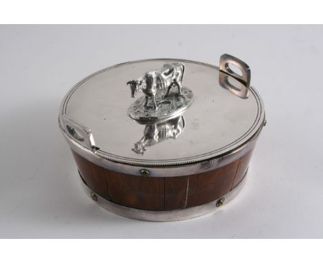 A VICTORIAN PLATED MOUNTED OAK BUTTER DISH & COVER with a cow finial & pottery liner;  6"  (15 cms) diameter