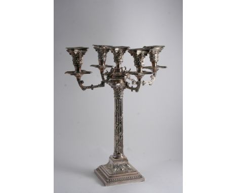 A LATE VICTORIAN ELECTROPLATED FIVE-LIGHT CANDELABRUM  on a stepped column base with Corinthian capitals, c.1900;  17.5"  (44