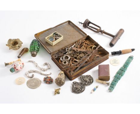 A MIXED LOT: Two small ivory handled brass seals, a gilt metal walking stick mount, a miniature bible, a turned wooden "deer'