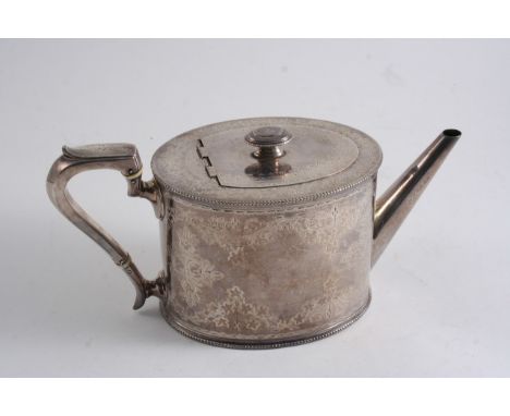 A VICTORIAN ENGRAVED OVAL TEA POT with bead borders & a knop finial by John Batson, London 1879;  5.1"  (13 cms) high;  25 oz