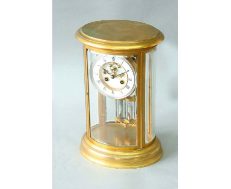 AN ORMOLU OVAL FOUR GLASS MANTEL CLOCK dial white enamel, movement exposed escapement with jewelled palettes, drum, mercury p