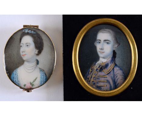 ENGLISH SCHOOL C.1770 A miniature portrait of a lady wearing pearl necklace & blue dress on ivory; 3.75 x 3 cms, embroidered 
