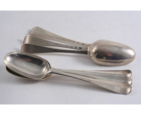 A SET OF SIX GEORGE II / III SCOTTISH TABLE SPOONS Hanoverian pattern, initialled "R", by William Taylor, Edinburgh 1760;  12