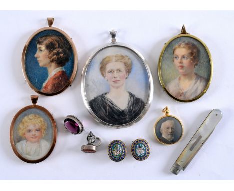 FOUR VARIOUS MINIATURE PORTRAITS on ivory,  viz. a child, signed & dated 1900; two of girls c.1920-30; a woman c.1915; a phot