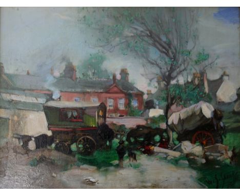 •WILLIAM SOMERVILLE SHANKS, RSA (1864-1951) THE GYPSY CARAVANS Signed, oil on canvas 34.5 x 44.5cm. ++ Some craquelure; needs