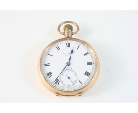 A 9CT. GOLD OPEN FACED POCKET WATCH the white enamel dial signed Irvine Hindle Halifax, Zenith, with Roman numerals and subsi