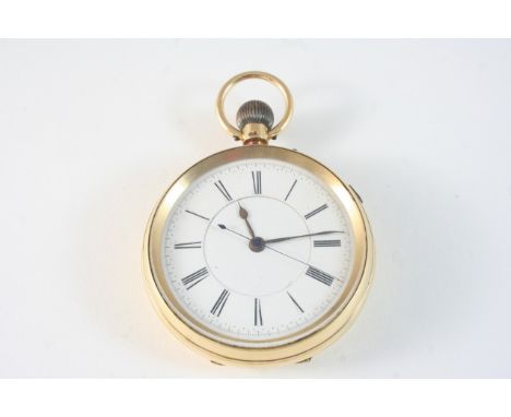 AN 18CT. GOLD OPEN FACED POCKET WATCH the white enamel dial with Roman numerals and sweep seconds hand, 52mm. dia.