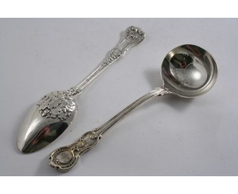 UNUSUAL PATTERNS: A William IV Old England pattern dessert spoon, initialled, by Jonathan Hayne, London 1831 and a Victorian 