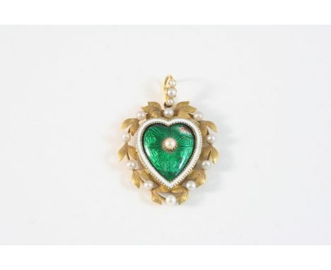 AN ENAMEL AND GOLD HEART-SHAPED PENDANT the central section of green guilloche enamel set with a small pearl within a surroun