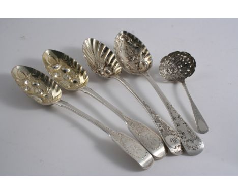 TWO ANTIQUE FIDDLE TABLE SPOONS crested & a sauce ladle, each later-decorated as berry spoons (the ladle also pierced for use
