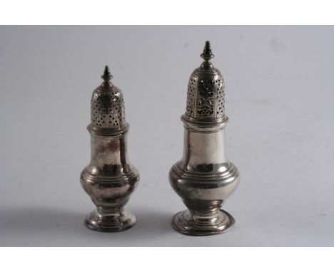 A SMALL GEORGE II BALUSTER CASTER with a domed cover & knop finial, initialled, by Samuel Wood, London 1753 and another small