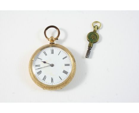 AN 18CT. GOLD OPEN FACED POCKET WATCH the white enamel dial with Roman numerals, with foliate engraved and cartouche decorati