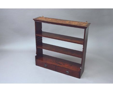 A GEORGE III MAHOGANY HANGING WALL SHELF with two adjustable shelves above two short drawers, 35ins. (89cms.) high x 36ins. (