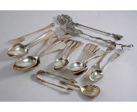 ASSORTED FIDDLE PATTERN FLATWARE: Two table spoons, two dessert spoons (one Indian Colonial by G. Gordon & Co.), one dessert 