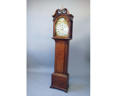 AN OAK LONGCASE CLOCK dial silvered chapter ring with subsidiary seconds dial and calendar aperture, signed in the arch Jamie