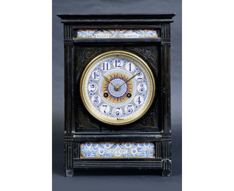 AESTHETIC MOVEMENT MANTLE CLOCK - SLATE attributed to Lewis Foreman Day, made in slate with a pottery dial and panels. The pa