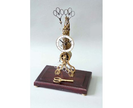 A SCISSORS SKELETON CLOCK dial white enamel, movement fusee, pendulum scissors - the scissor motif incorporated at every conc