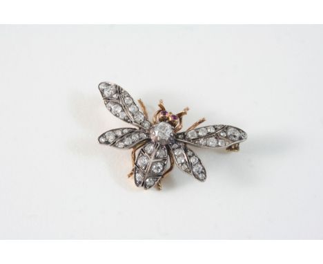 A VICTORIAN DIAMOND BEE BROOCH set with graduated old brilliant-cut diamonds, with cabochon ruby eyes, set in silver and back