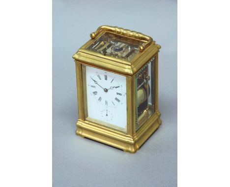 A CARRIAGE CLOCK dial white enamel, indistinctly signed,Leroy & Fils,  subsidiary alarum dial, movement lever escapement stri