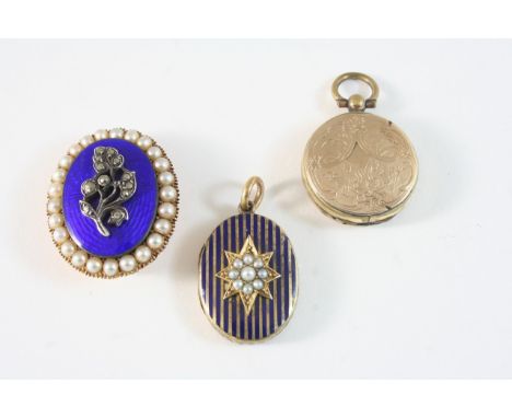 A VICTORIAN ENAMEL AND PEARL BROOCH of oval shape, the blue enamel with applied marcasite foliate decoration within a surroun