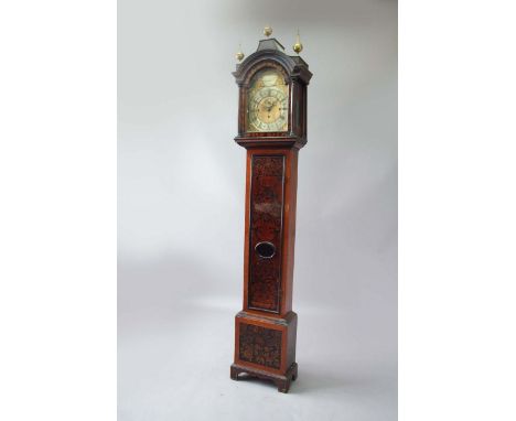 A FLORAL MARQUETRY LONGCASE CLOCK dial 12 inch, silvered chapter ring, with a lever left and right, engraved 4 bells, 8 bells