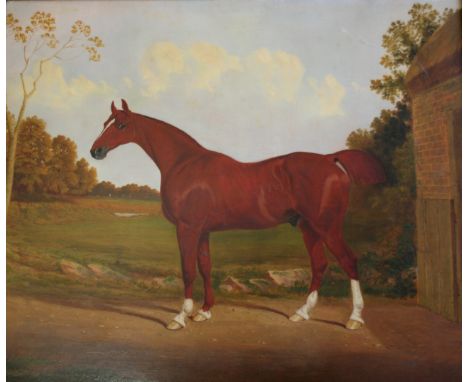 T** TEMPLE (Fl.c.1865-1880) A CHESTNUT HUNTER BY A STABLE IN A PARK Signed and dated 1871, oil on canvas 61.5 x 74cm. ++ Line