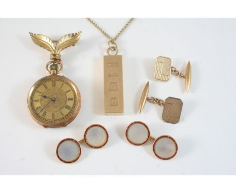 A QUANTITY OF JEWELLERY including a pair of mother-of-pearl and red enamel cufflinks, a 9ct. gold ingot pendant, 34 grams, a 