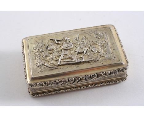 A GEORGE III SILVERGILT OBLONG SNUFF BOX with an engine-turned base & raised floral books, the cover decorated in relief with