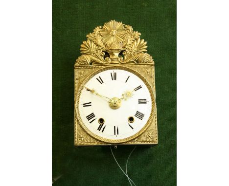 A COMPTOISE WALL CLOCK dial white enamel, subsidiary alarum ring, stamped and pierced arch set with cornupcopia, 15ins. (38cm