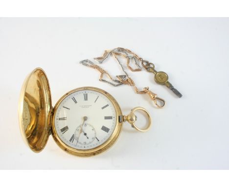 AN 18CT. GOLD FULL HUNTING CASED POCKET WATCH BY J.W. BENSON the signed white enamel dial with Roman numerals and subsidiary 