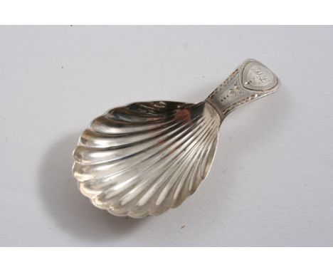 A GEORGE III DOUBLE-DUTY CADDY SPOON with a fluted bowl & bright-cut stem, initialled, by E. Morley, London 1797;  3"  (7.5 c