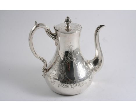 A VICTORIAN ENGRAVED COFFEE POT of baluster form with a flat base, scroll handle & bud finial, vacant cartouches, by Dixon & 