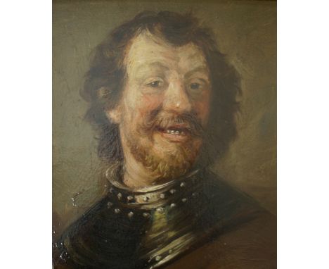 MANNER OF REMBRANDT HARMENSZ. VAN RIJN (1606-1669) HEAD OF A SOLDIER Oil on panel Sight 21 x 18cm. ++ Needs a light clean