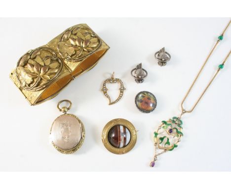 A QUANTITY OF JEWELLERY including a Victorian pearl and gold pendant, an enamel, amethyst and seed pearl pendant, a Victorian